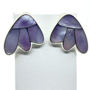 Vintage‎ Purple Mother of Pearl Inlay Stud Earrings Abstract Fan Wing Retro Boho